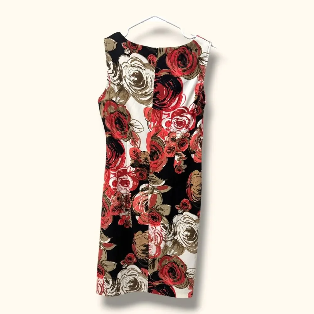 Connected Dress Womens 6 Sleeveless Floral Sheath Knee Length Black Coral Tan - Picture 2 of 7